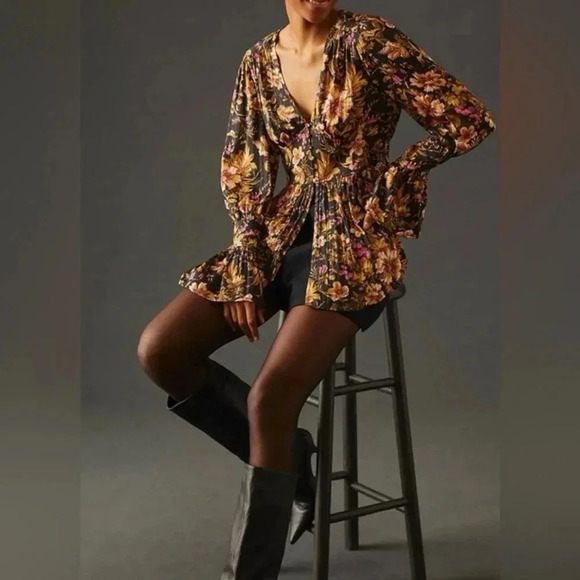 Anthropologie Floral V-Neck Blouse - Black and Brown - Picture 3 of 11